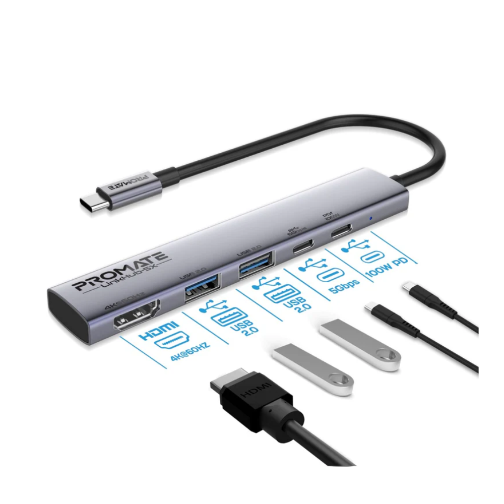 Promate LinkHub-5X Multi-function High-Speed USB-C Hub with 100W Power Delivery Promate LinkHub-5X Multi-function High-Speed USB-C Hub with 100W Power Delivery